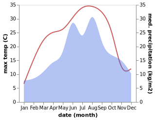 temperature and rainfall during the year in Kaisersdorf