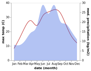 temperature and rainfall during the year in Drasenhofen