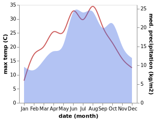 temperature and rainfall during the year in Bad Liebenzell