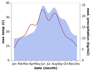 temperature and rainfall during the year in Bergen