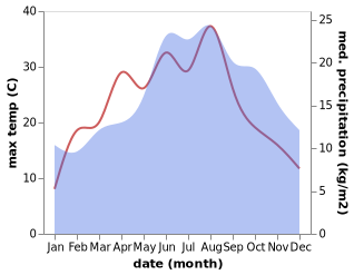 temperature and rainfall during the year in Düsseldorf