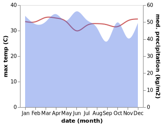 temperature and rainfall during the year in Labuha