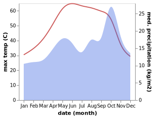 temperature and rainfall during the year in Nahiyat al Fuhud