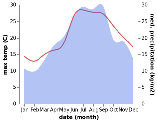 temperature and rainfall during the year in Cagnano Varano