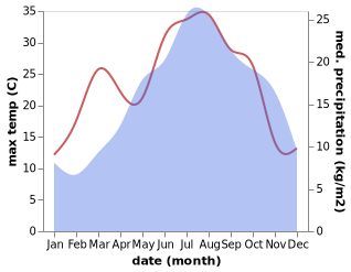 temperature and rainfall during the year in Casola Valsenio