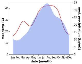 temperature and rainfall during the year in San Bernardino in Selva