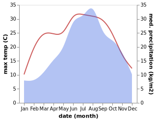 temperature and rainfall during the year in Aviano