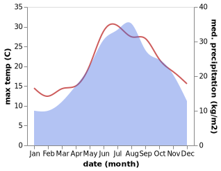 temperature and rainfall during the year in Lignano Sabbiadoro