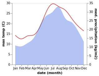 temperature and rainfall during the year in Sant'Angelo in Lizzola