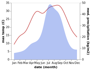 temperature and rainfall during the year in Kozakai-cho