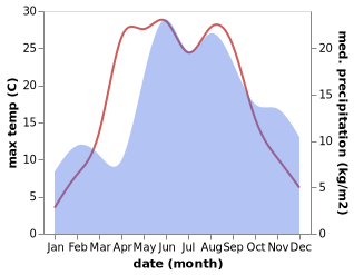 temperature and rainfall during the year in Naujoji Akmenė