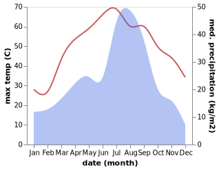 temperature and rainfall during the year in Jhang City