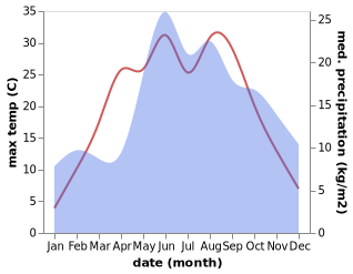 temperature and rainfall during the year in Dobre Miasto