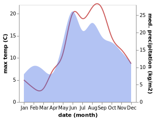 temperature and rainfall during the year in Pionerskiy