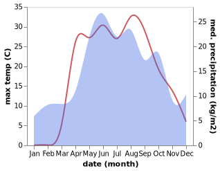 temperature and rainfall during the year in Vyshneye Dolgoye