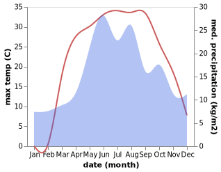 temperature and rainfall during the year in Nyzhnya Duvanka